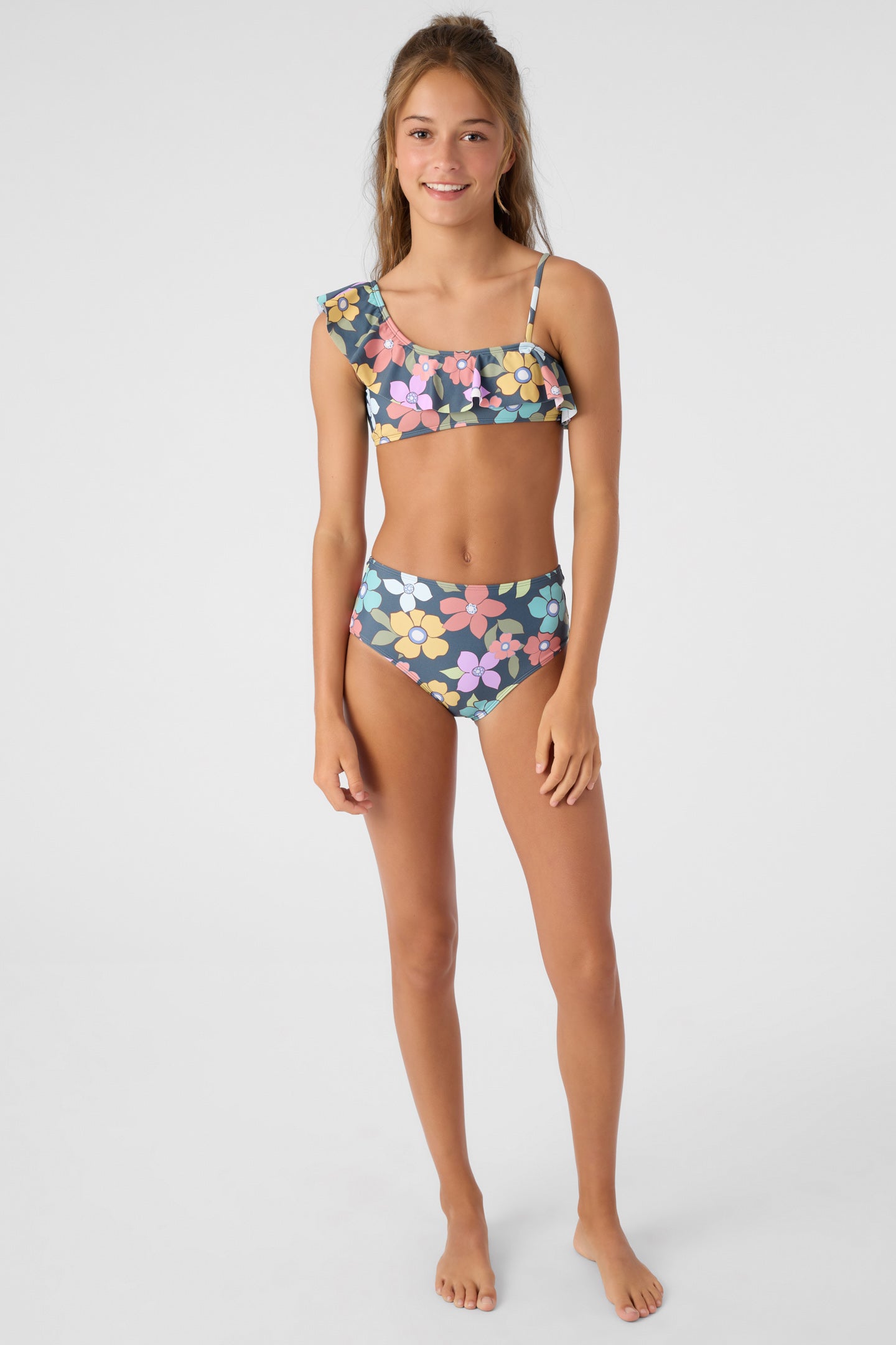 GIRL'S LAYLA FLORAL ASYMMETRICAL RUFFLE SWIM SET