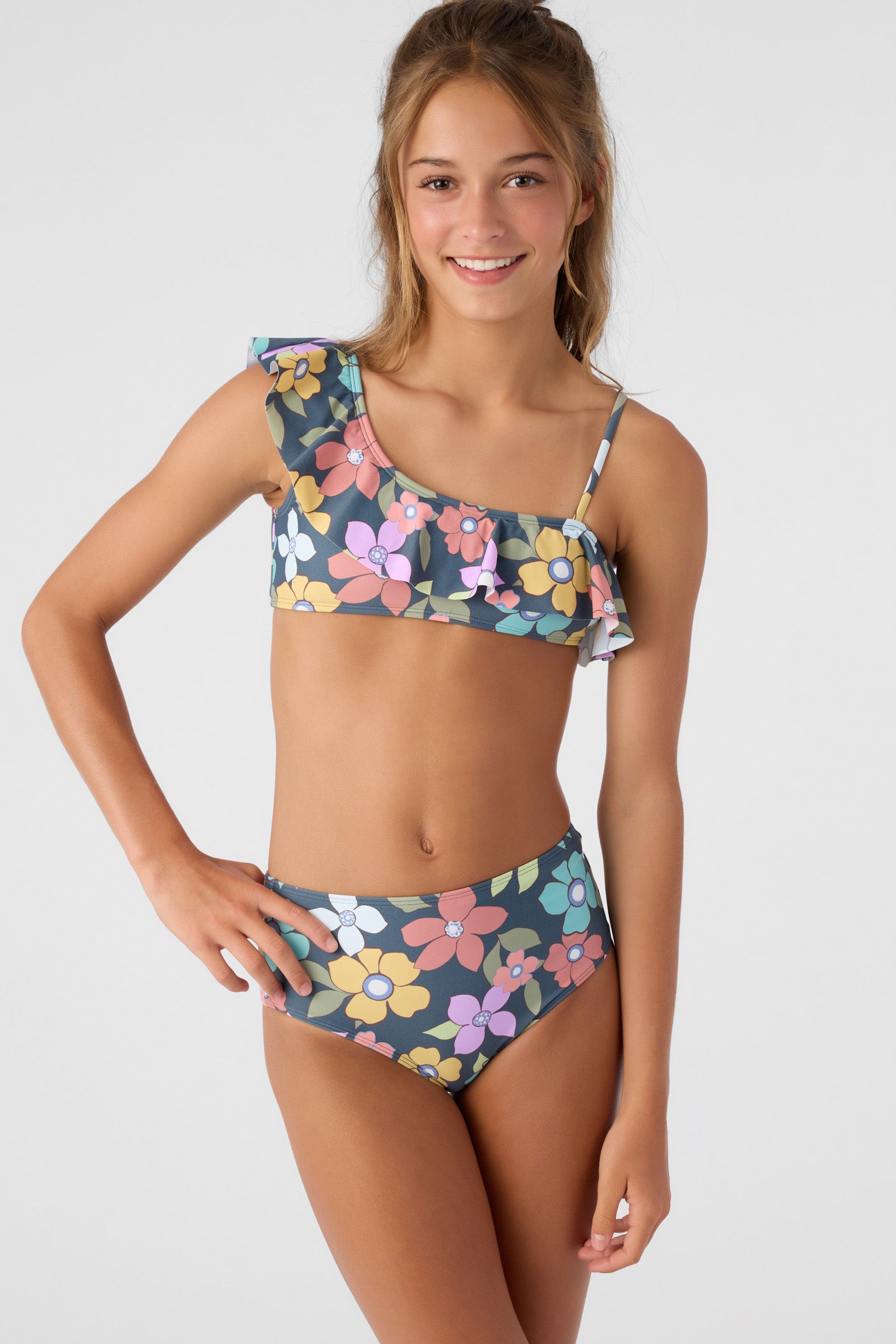 GIRL'S LAYLA FLORAL ASYMMETRICAL RUFFLE SWIM SET