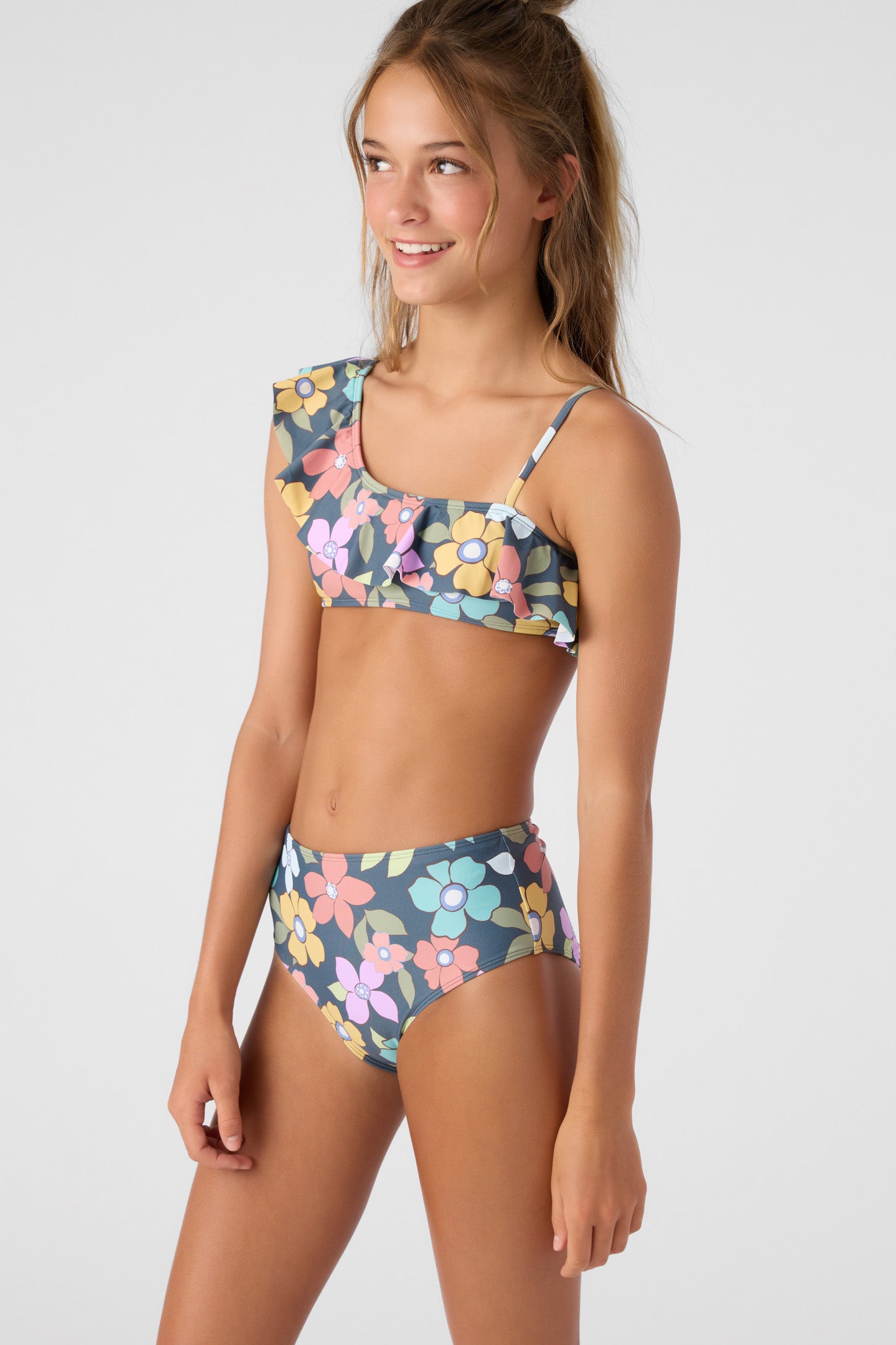 GIRL'S LAYLA FLORAL ASYMMETRICAL RUFFLE SWIM SET