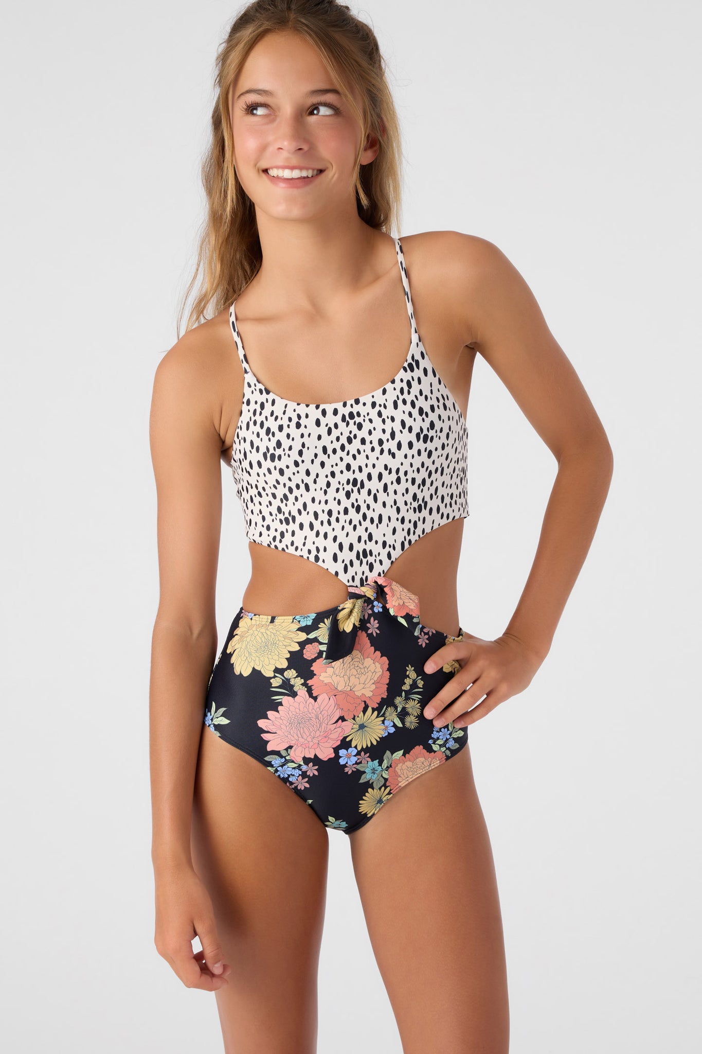 Shirred Front Girl Leg One Piece Swimsuit Floral Frenzy