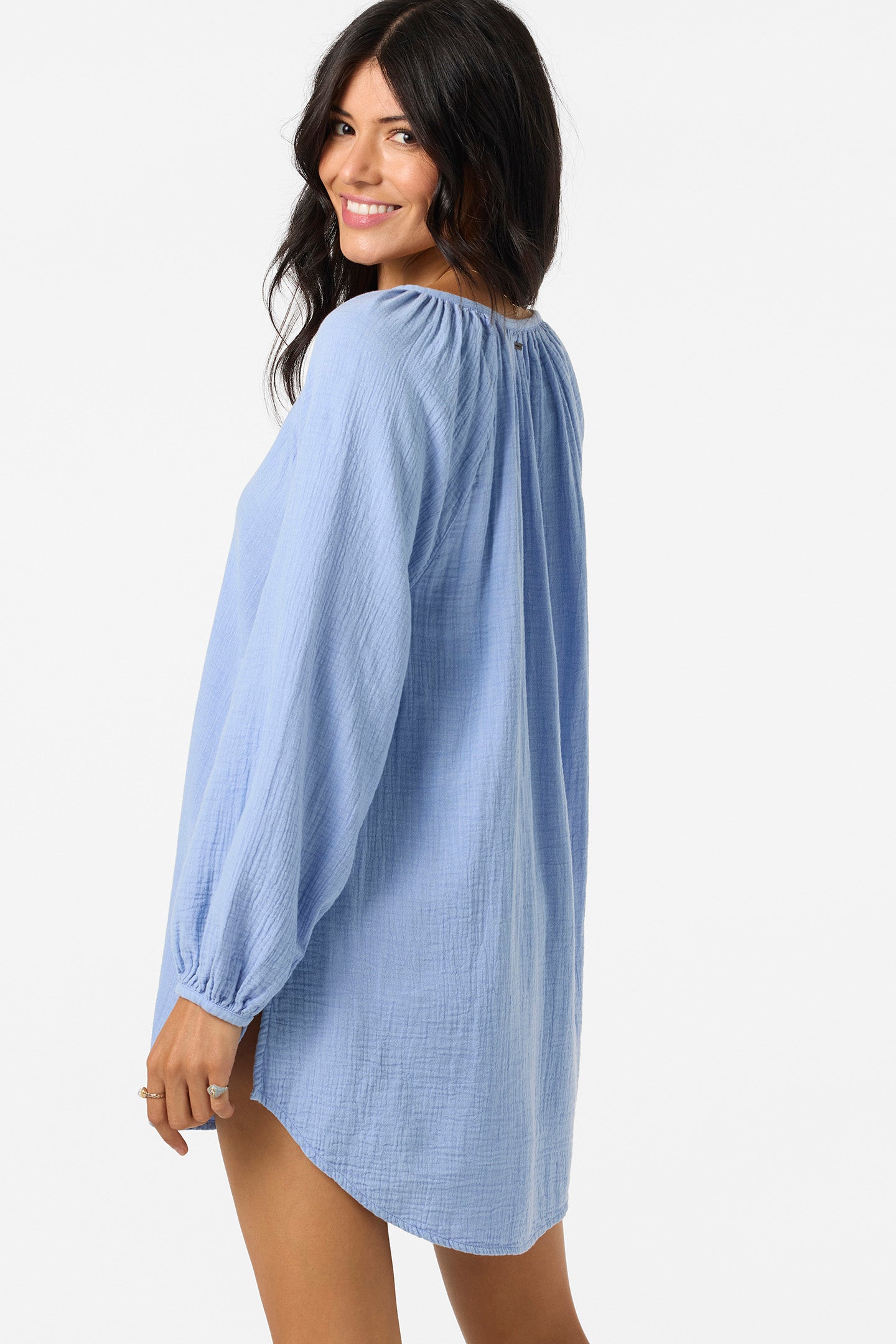 Krysten Long Sleeve Cotton Gauze Cover-Up Tunic Minidress in Blue Krysten Long Sleeve Cotton Gauze Cover-Up Tunic Minidress in Blue