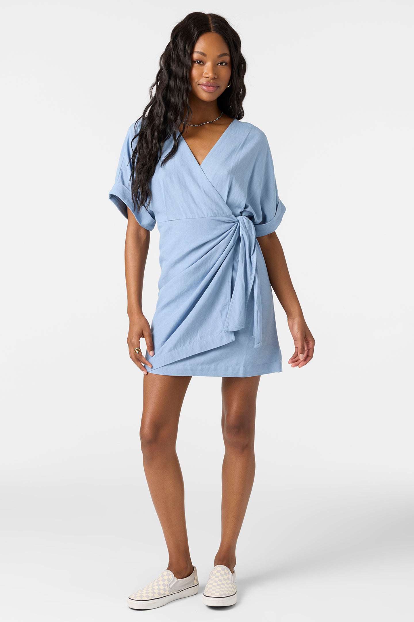 knee length dresses for ladies Navy Blue Chiffon Short Sleeve Wrap V-Neck Front Slit Maxi Dress – PinkBlush