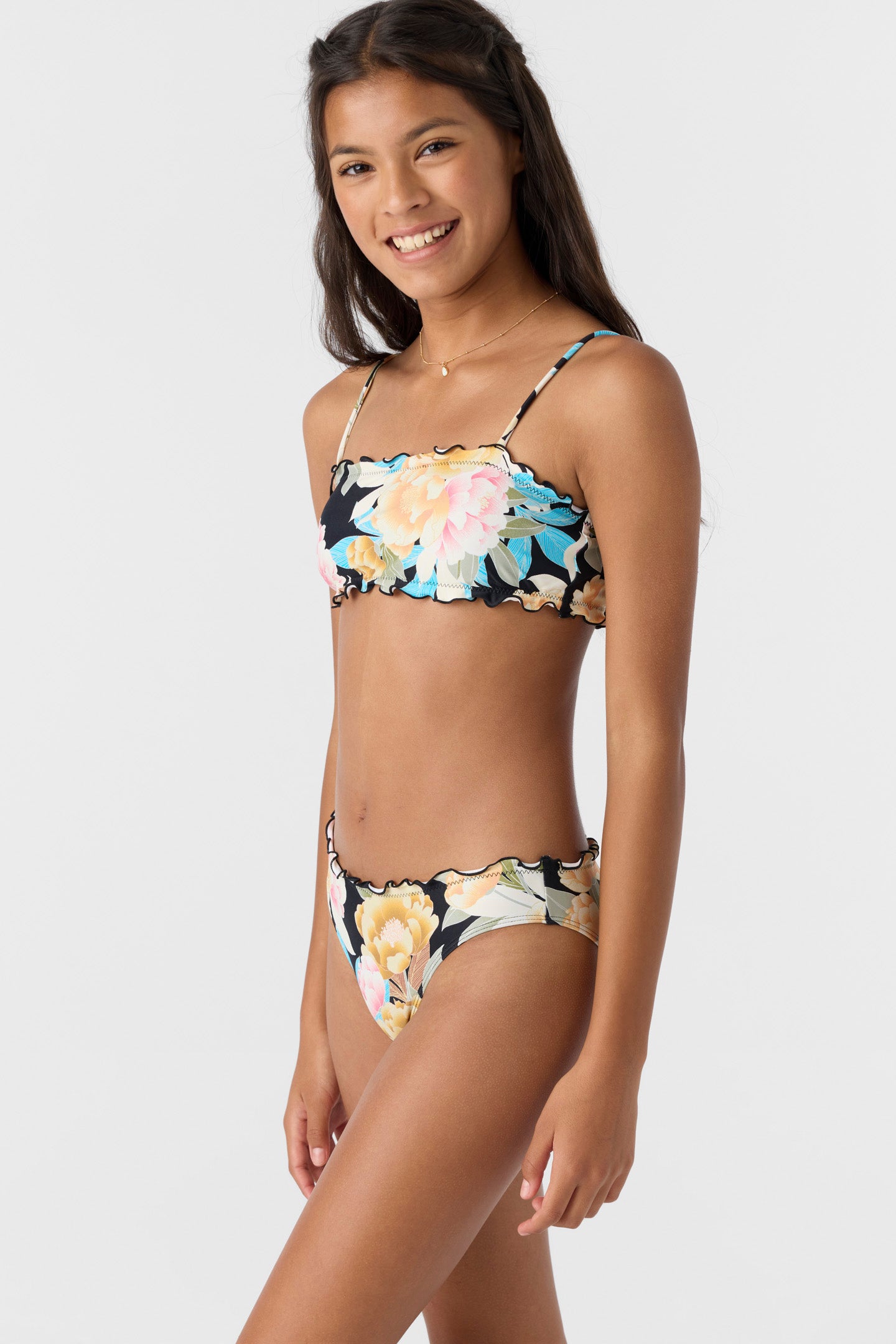 Girl's Mikah Floral Ruffle Edge Bandeau Set - Black | O'Neill