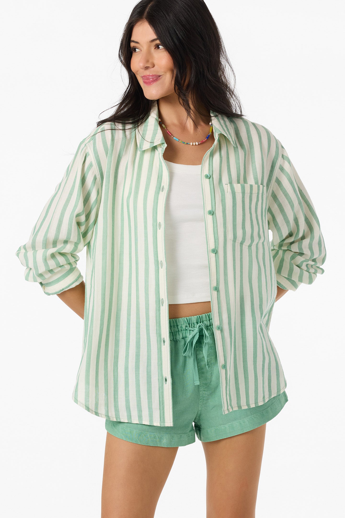 Leni Stripe Relaxed Shirt Long Sleeve Top - Green | O'Neill