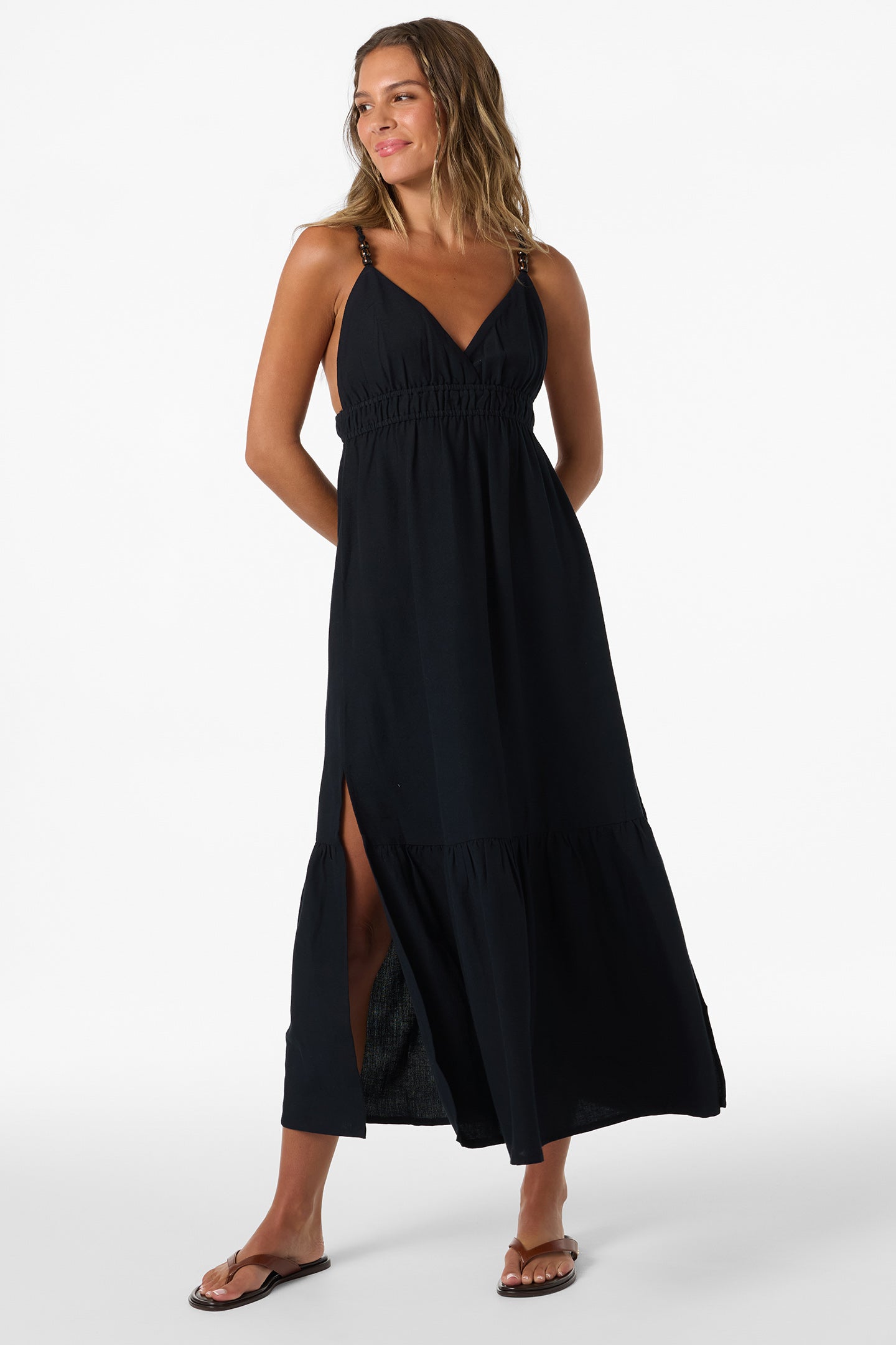 O'Neill Women's Julez Solid Midi Dress in Black, Size Large, Linen/Viscose
