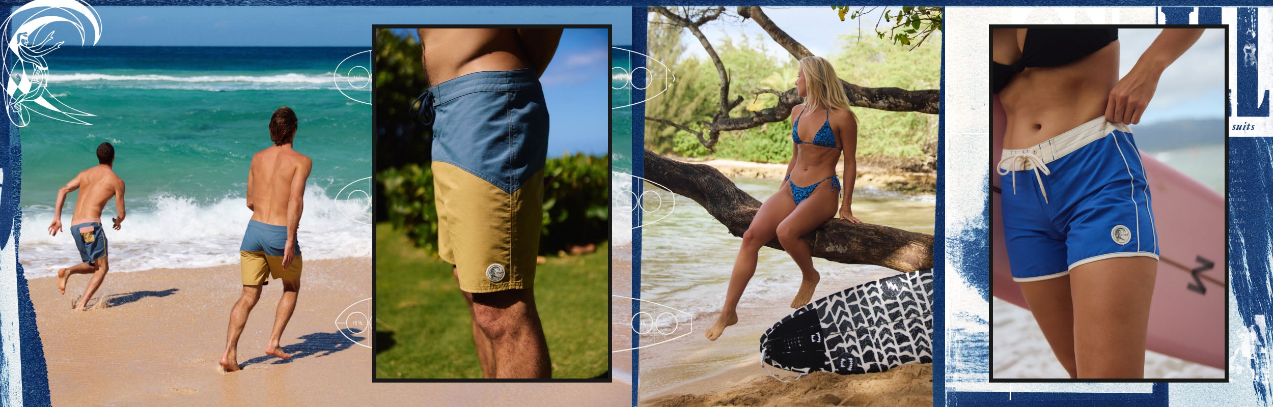 Collage of people wearing swim shorts on a beach and in casual settings.