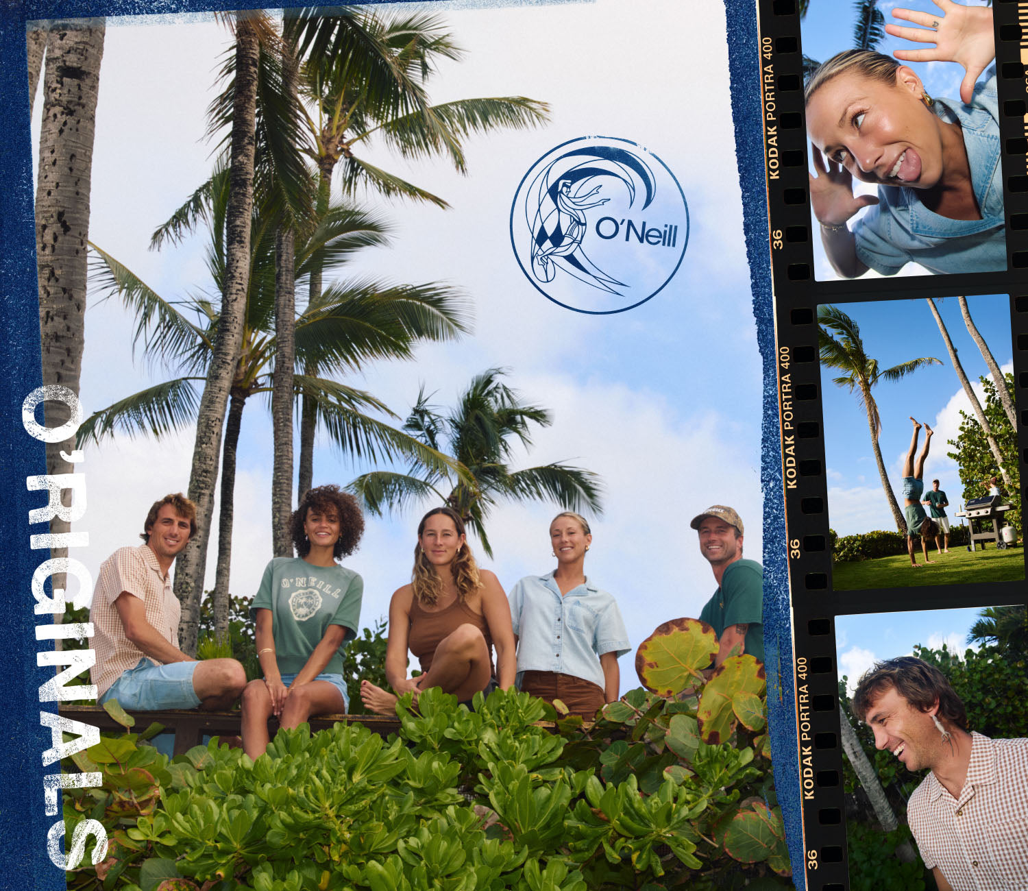 Group of people sitting under palm trees with O'Neill logo and 'Originals' text.
