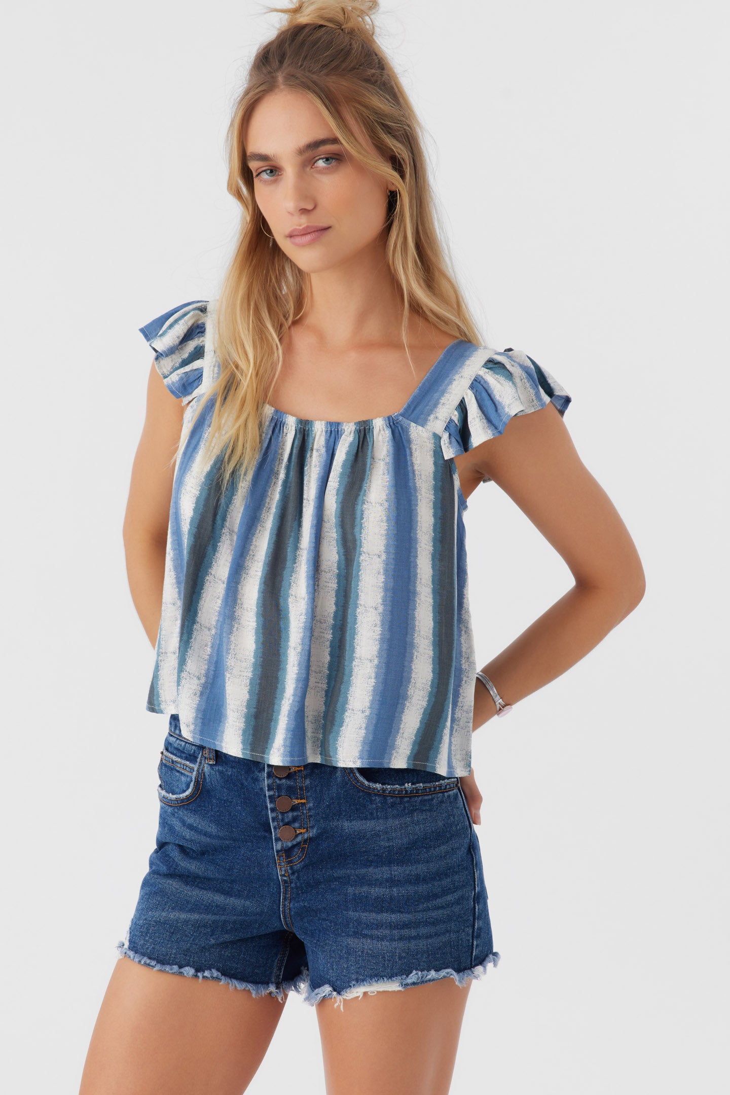 SYNDIE FADE STRIPE RUFFLE SLEEVE TOP