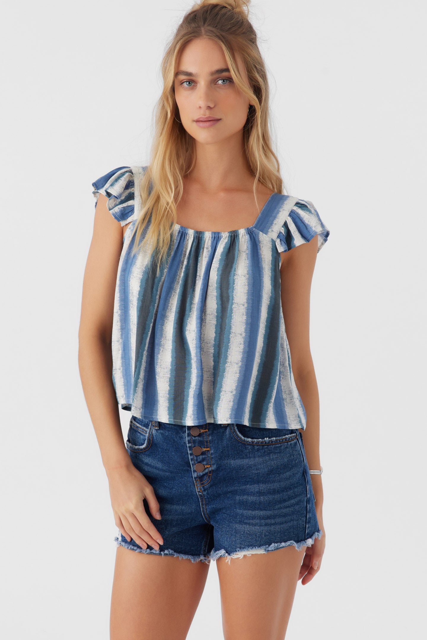 SYNDIE FADE STRIPE RUFFLE SLEEVE TOP