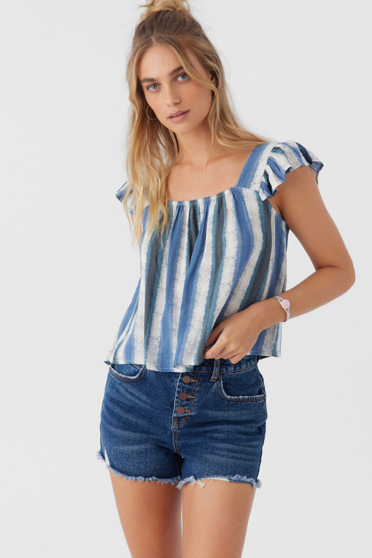 SYNDIE FADE STRIPE RUFFLE SLEEVE TOP