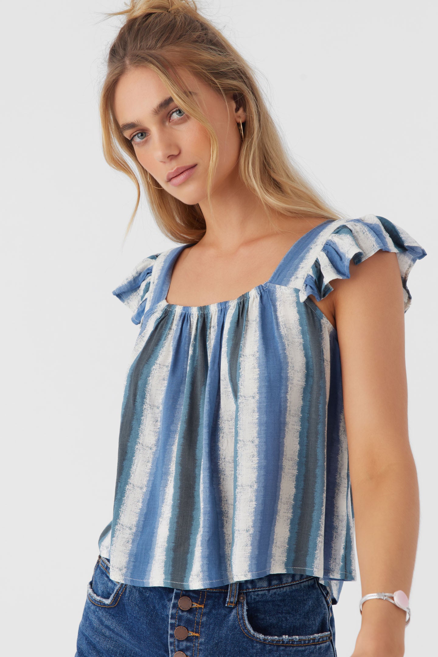 SYNDIE FADE STRIPE RUFFLE SLEEVE TOP