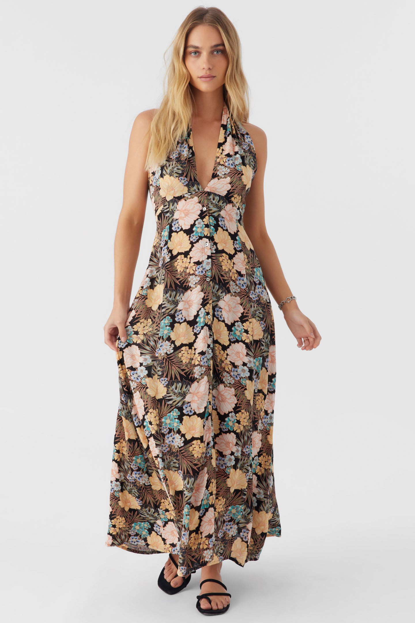 JEMMA MACAW TROPICAL HALTER MAXI DRESS