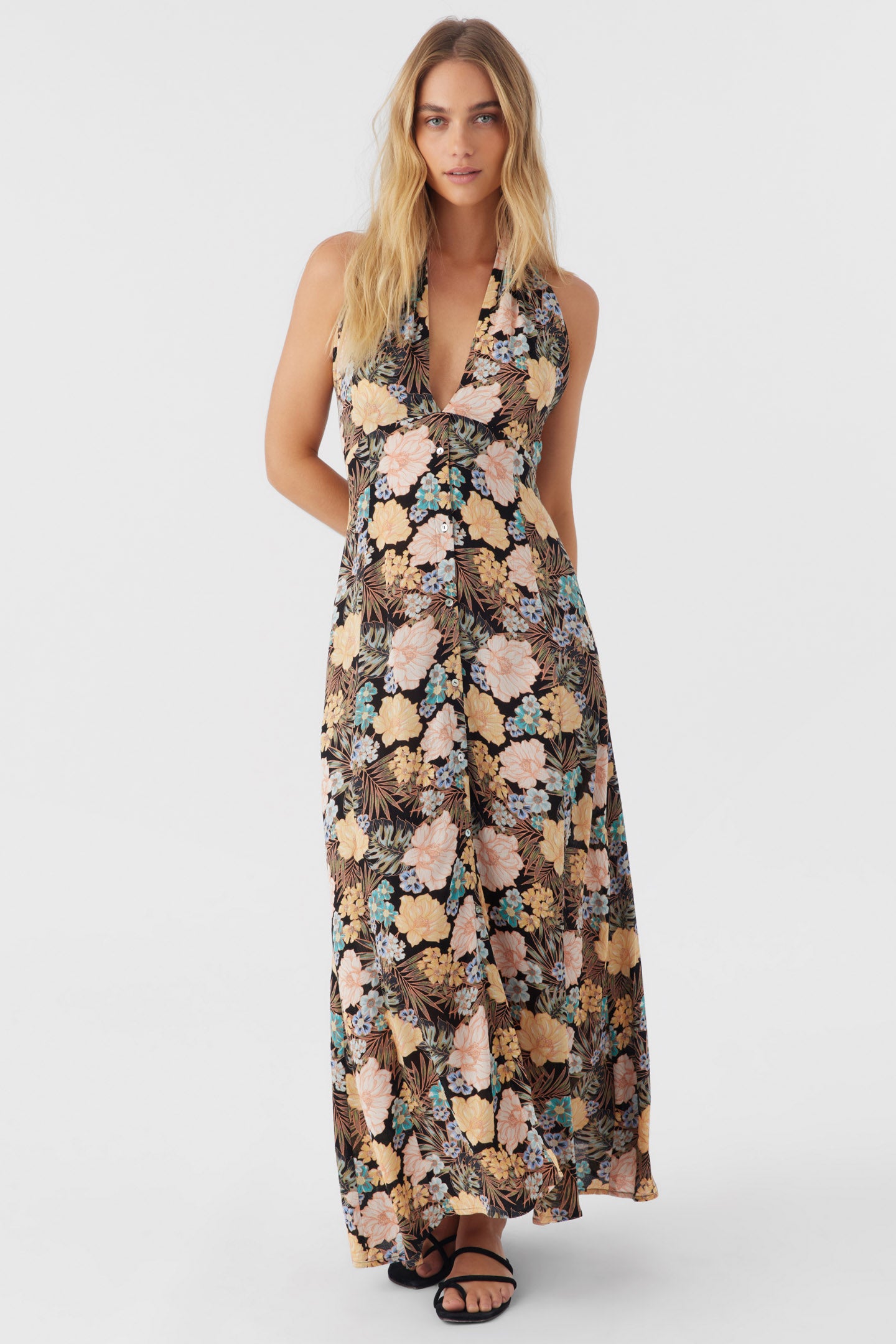 JEMMA MACAW TROPICAL HALTER MAXI DRESS