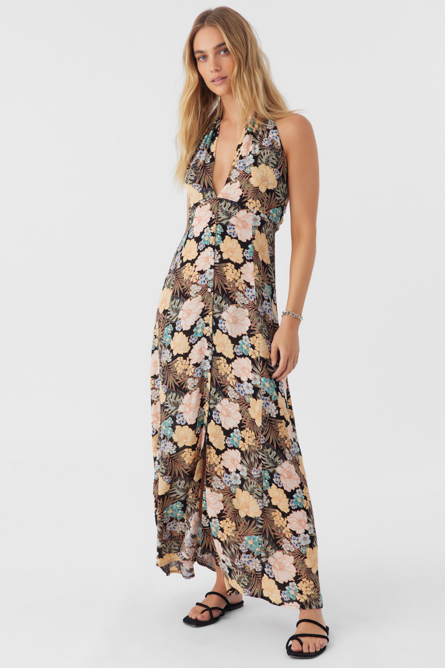 JEMMA MACAW TROPICAL HALTER MAXI DRESS