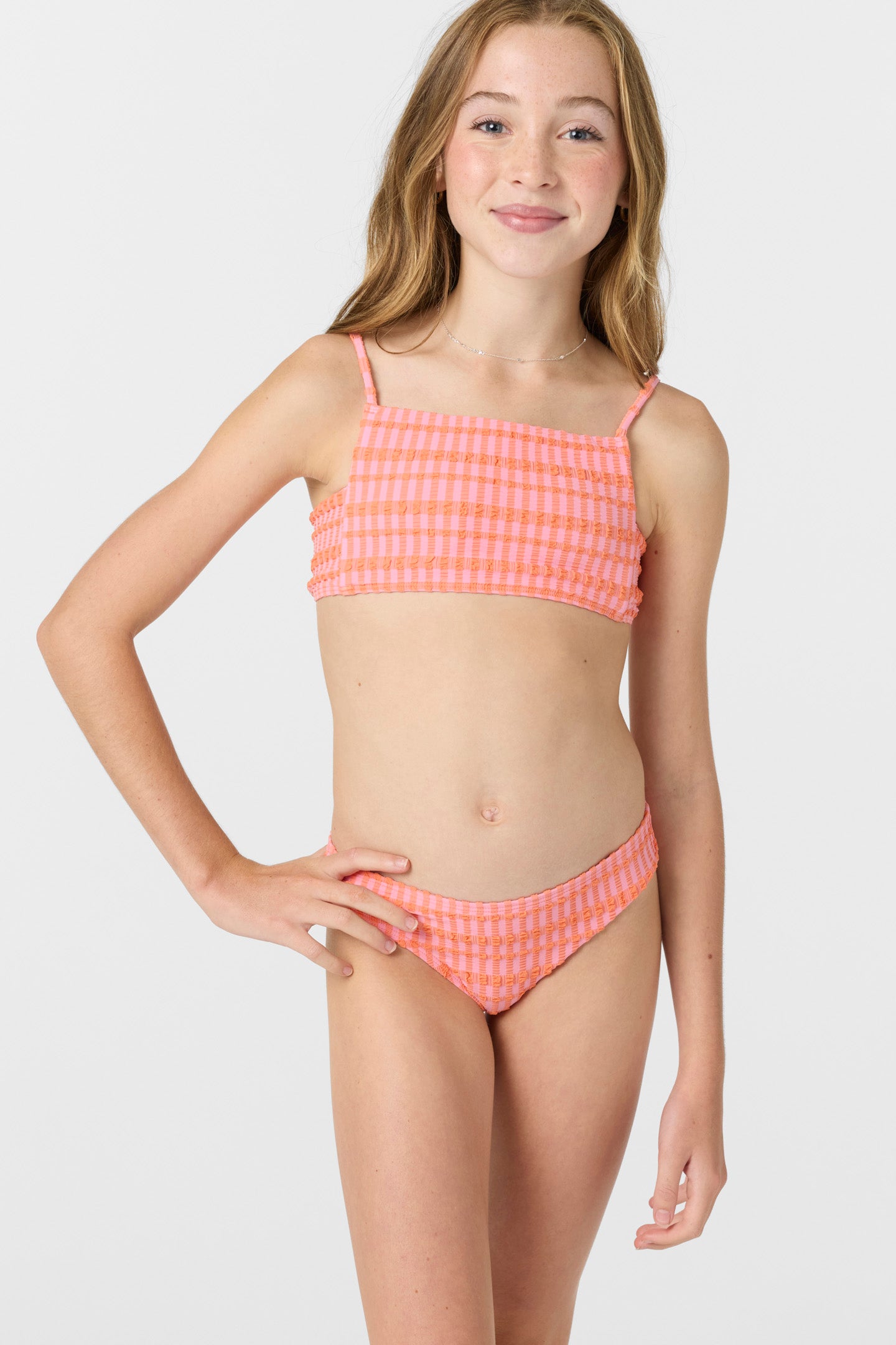 Girl's Paradise Plaid Square Neck Bralette Top Set - Sachet Pink