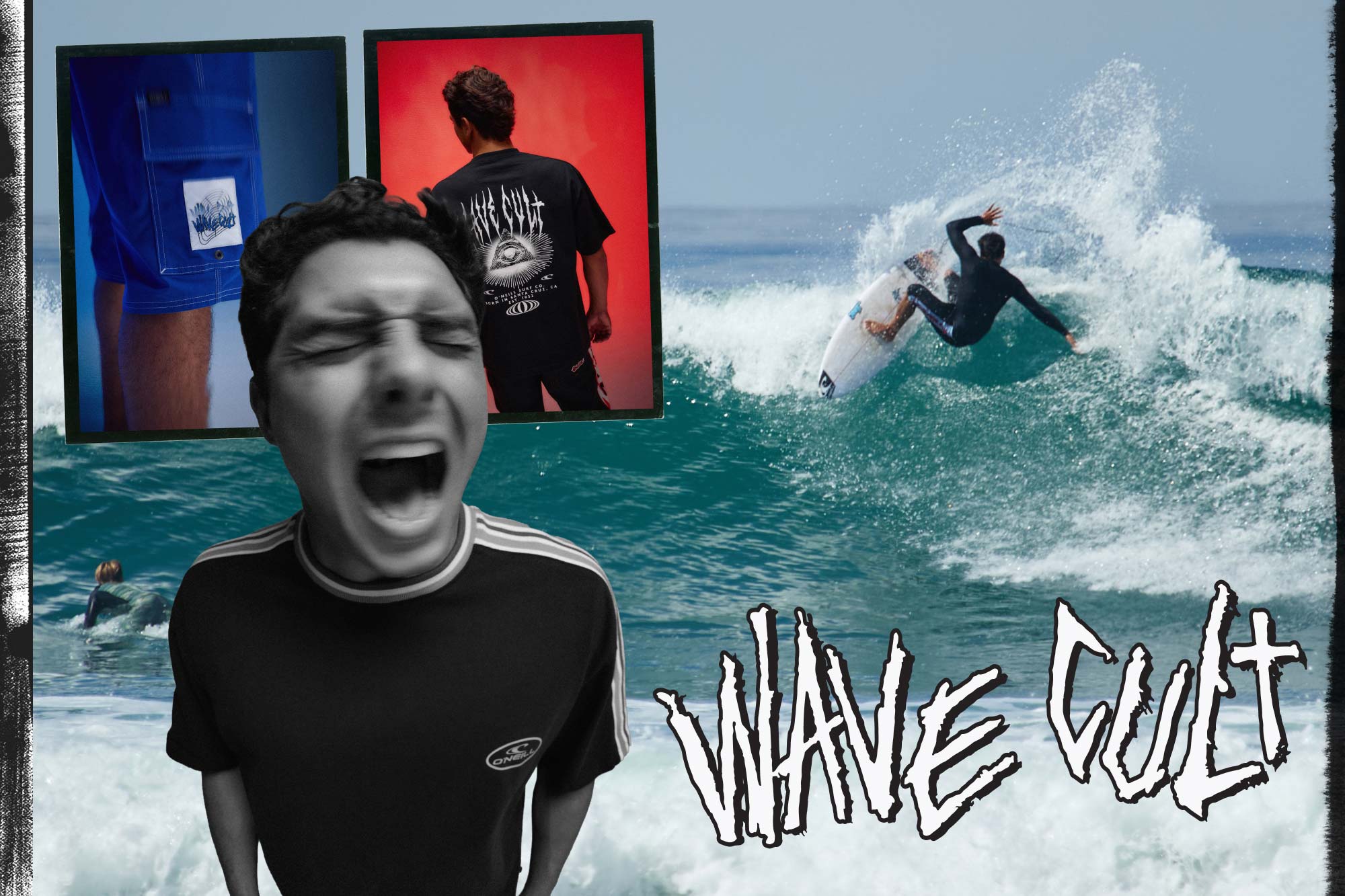 A collage-style promotional graphic for Wave Cult apparel. A screaming man in a black Wave Cult t-shirt is in the foreground, with two inset photos showing a blue shorts pocket and a black t-shirt back graphic.