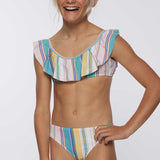 Girl's Baja Stripe Ruffle Tie Back Bralettle Swim Set